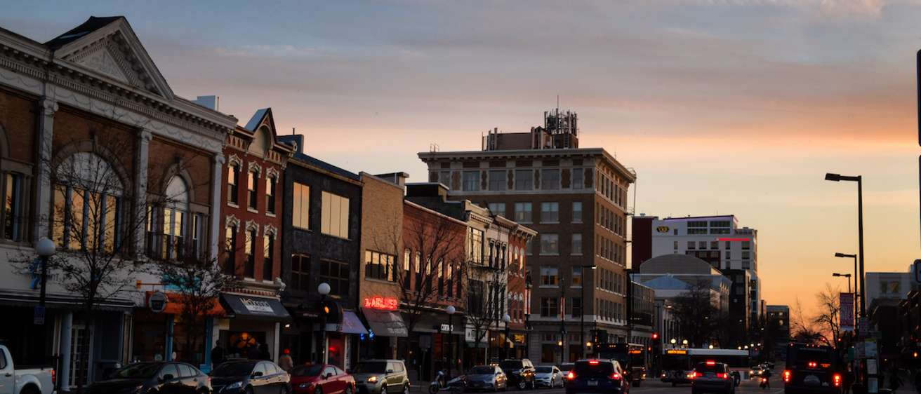 South Clinton Street, Downtown Iowa City, at sunset. 